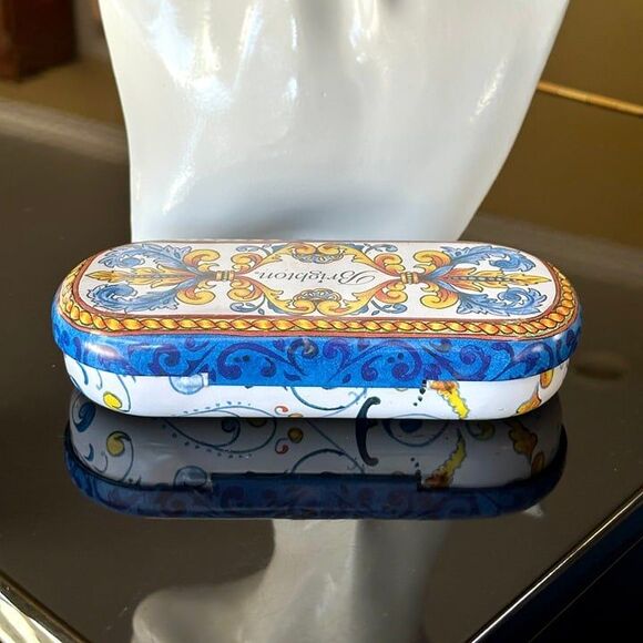 Vtg Brighton White Hardshell Metal Glasses Sunglasses Case Blue Yellow Filigree - Picture 6 of 12